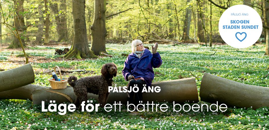 Kvinna sitter med hund i skog. Pålsjö Äng - Läge för ett bättre boende. Nybyggda lägenheter och radhus. Skogen, staden, sundet.
