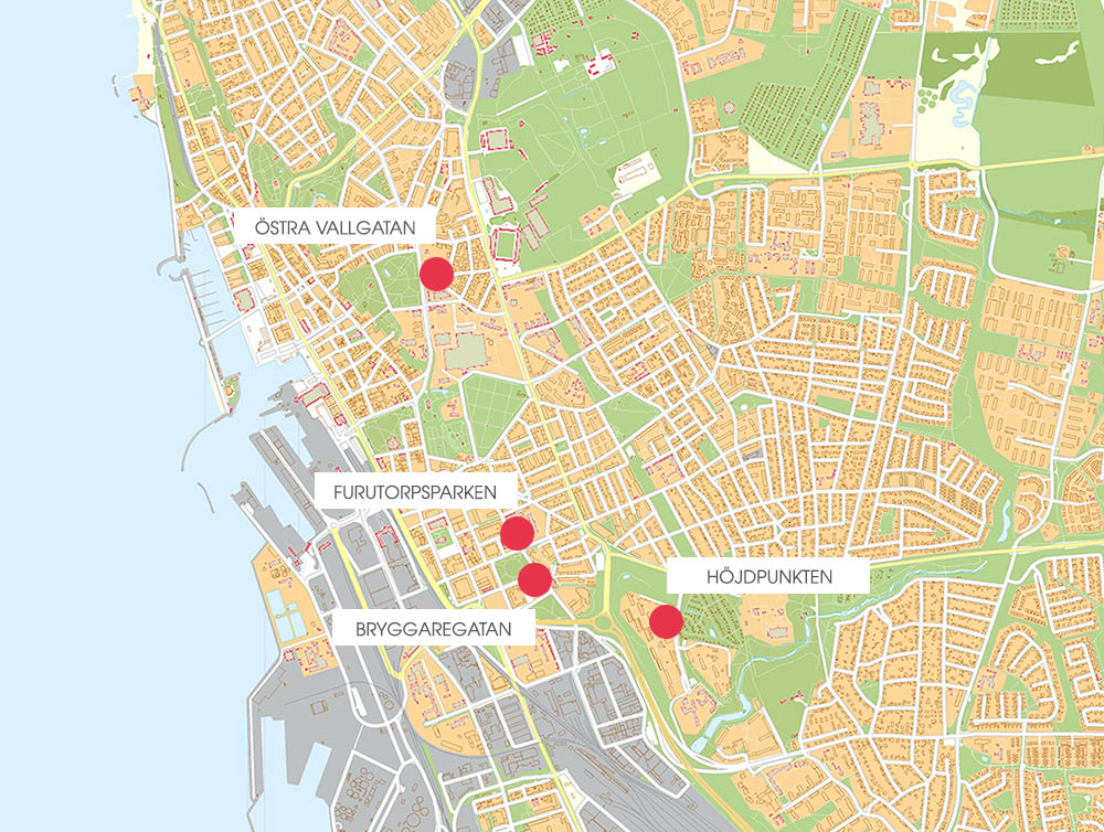 Karta över våra fyra studentboenden i Helsingborg